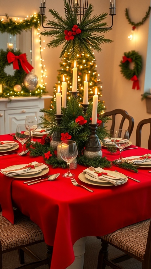 A festive Christmas table setting with red tablecloth, elegant dinnerware, and a centerpiece of greenery and candles.